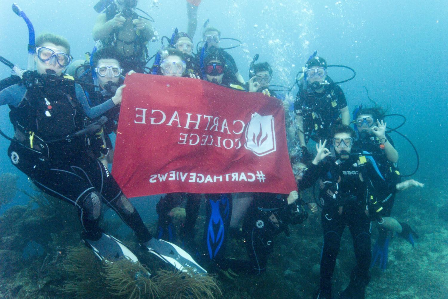 学生们手持<a href='http://icvytc.gafmacademy.com'>博彩网址大全</a>旗帜，在j学期洪都拉斯游学之旅中潜水.